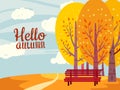Hello Autumn landscape countryside scene, path, tree banner. Rural fall view fields Royalty Free Stock Photo