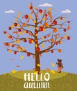 Hello Autumn lettering Apple Tree. Cute Bear covered fallen autumn leaves with cup coffee, autumn landscape fall. Vector Royalty Free Stock Photo