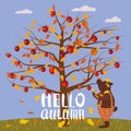 Hello Autumn lettering Apple Tree. Cute Bear covered fallen autumn leaves with cup coffee, autumn landscape fall. Vector Royalty Free Stock Photo