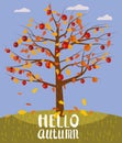 Hello Autumn lettering Apple Tree fallen autumn leaves autumn landscape fall. Vector illustration isolated poster baner