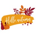 Hello autumn lettering with pumpkin foliage and berries card Royalty Free Stock Photo