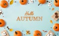 Hello autumn message with autumn pumpkins with present boxes