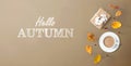 Hello autumn message with autumn theme with coffee
