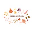 Hello autumn mood greeting card with yellow orange leaves Royalty Free Stock Photo