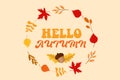 Hello Autumn background or banner. Fall season poster. Leaf design