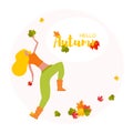 Hello Autumn poster. Dancing young woman with autumn leaf