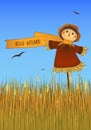 Hello Autumn poster. Smiling scarecrow on field. Vector image Royalty Free Stock Photo