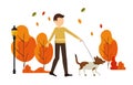 Hello autumn, sale banner, autumn park, man walking the dog in the autumn park