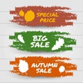 Hello autumn sale, big sale, special promotion collection banner. Red, yellow and orange brush stroke splashes label. Vector illus Royalty Free Stock Photo