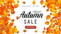 Hello autumn sale lettering banner. Special offer discount poster with fall golden leaves frame. Autumn seasonal design Royalty Free Stock Photo