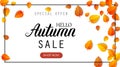 Hello autumn sale lettering banner. Special offer discount poster with fall golden leaves. Autumn seasonal design Royalty Free Stock Photo