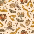 Hello, Autumn. Seamless pattern from nuts and seeds. Acorns with leaves, cedar cone, linden seeds, hazelnuts, maple