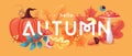 Hello Autumn seasonal banner with leaves, mushrooms, floral elements and autumn attributes.