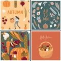 Hello, autumn. Set of greeting cards with vegetables, herbs and mushrooms. Girl with a basket of vegetables. Autumn harvest and