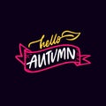 Hello Autumn sign phrase. Hand drawn colorful lettering art.