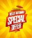 Hello autumn, special offer - advertising poster template for seasonal autumn sale with ribbon and rays Royalty Free Stock Photo