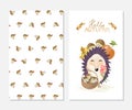 Hello autumn. Stylish inspiration card in cute style with cartoon hedgehog and mashrooms background.