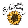 Hello Autumn and Sunflower hand drawn vector illustration. Isolated on white background. Royalty Free Stock Photo