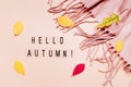 Hello autumn text on pastel background with cozy plaid and colorful leaves