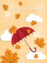 Hello Autumn text and red umbrella on yellow sky with fall leaves and cloud