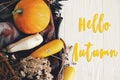 Hello Autumn text, seasons greeting card concept. Welcome Fall s