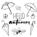 Hello autumn text and sketches of open and closed umbrellas, acorns, pumpkin and half of an apple. Black and white fall