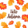 Hello Autumn text with watercolor leaves over white