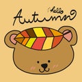 Hello autumn tree, falling leaf, and bear cartoon illustration Royalty Free Stock Photo