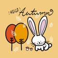 Hello autumn tree, falling leaf, mushroom and white rabbit cartoon illustration Royalty Free Stock Photo