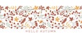 Hello autumn. Trendy design with autumn leaves, twigs and berries in minimalist style. Perfect background for banner, poster,