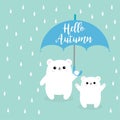 Hello autumn. Two polar white small little bear cub holding umbrella. Rain drops. Cute cartoon baby character. Arctic animal colle Royalty Free Stock Photo