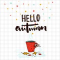 Hello autumn typography banner with sketched illustration of hot drink and golden leaves. Royalty Free Stock Photo