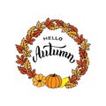 Hello Autumn typography text card. Trendy lettering poster. Nice background sign with leaves and pumpkins. Vector