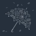 Hello autumn! Umbrella composed of white autumn line art leaves on dark background.