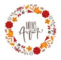 Hello Autumn Vector Calligraphy lettering text. Round background frame wreath with yellow leaves, mushrooms and autumn Royalty Free Stock Photo