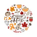 Hello Autumn Vector Calligraphy lettering text. Round background frame wreath with yellow leaves, pumpkin, mushrooms and Royalty Free Stock Photo