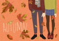Hello, Autumn. Vector cute horizontal illustration of a couple of teenagers and falling autumn leaves. Legs in boots for Royalty Free Stock Photo