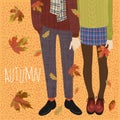 Hello, Autumn. Vector flat illustration of a couple of teenagers and falling autumn leaves. Legs in boots for banners