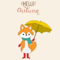 Hello Autumn vector little fox with the umbrella hand lerttering fonts. illustration EPS10.