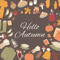 Hello autumn vector set of fall cute objects. Sweater, falling leaves, mushroom, pumpkin and woolen socks. Collection of