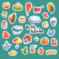 Hello Autumn watercolor sticker set. Autumn themed icons with orange tree, pumpkin, garden cart and umbrella