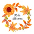 Hello, Autumn watercolor autumn wreath with fall leaves and a sunflower