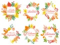 Hello autumn. Welcome September, autumnal fallen leaves frame and yellow leaf lettering vector illustration set