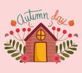 Hello autumn wooden cottage berries fliage flowers nature card Royalty Free Stock Photo