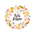 Hello autumn wreath. Card with leaves. Vector illustrations