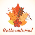 Hello Autumn written with brush. Bunch with colorful leaves and flowers. Calligraphy handwritten lettering.Vector template for t- Royalty Free Stock Photo