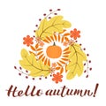 Hello Autumn written with brush. Calligraphy handwritten lettering. Wreath with colorful leaves, flowers and pumpkin Royalty Free Stock Photo