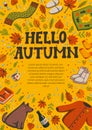 Hello autumn yellow greeting card. Banner template with autumn essentials and space for text. Autumn greeting card with