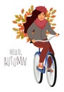 Hello, Autumn. Young girl riding a bike with a basket of maple and oak leaves. Cute flat vector hand-drawn illustration