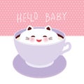 Hello baby. Cute Kawai cat in lilac cup of froth art coffee, isolated on white pink polka dot wall background. Latte Art 3D. milk Royalty Free Stock Photo